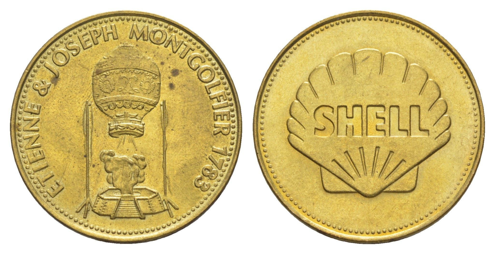 Франция жетон Shell - Человек в полете - Этьен и Жозеф Монгольфье 1969 диаметр 26 мм, вес 5 гр Kooij RS011.3a сталь плакированная латунью UNC 4633-1146