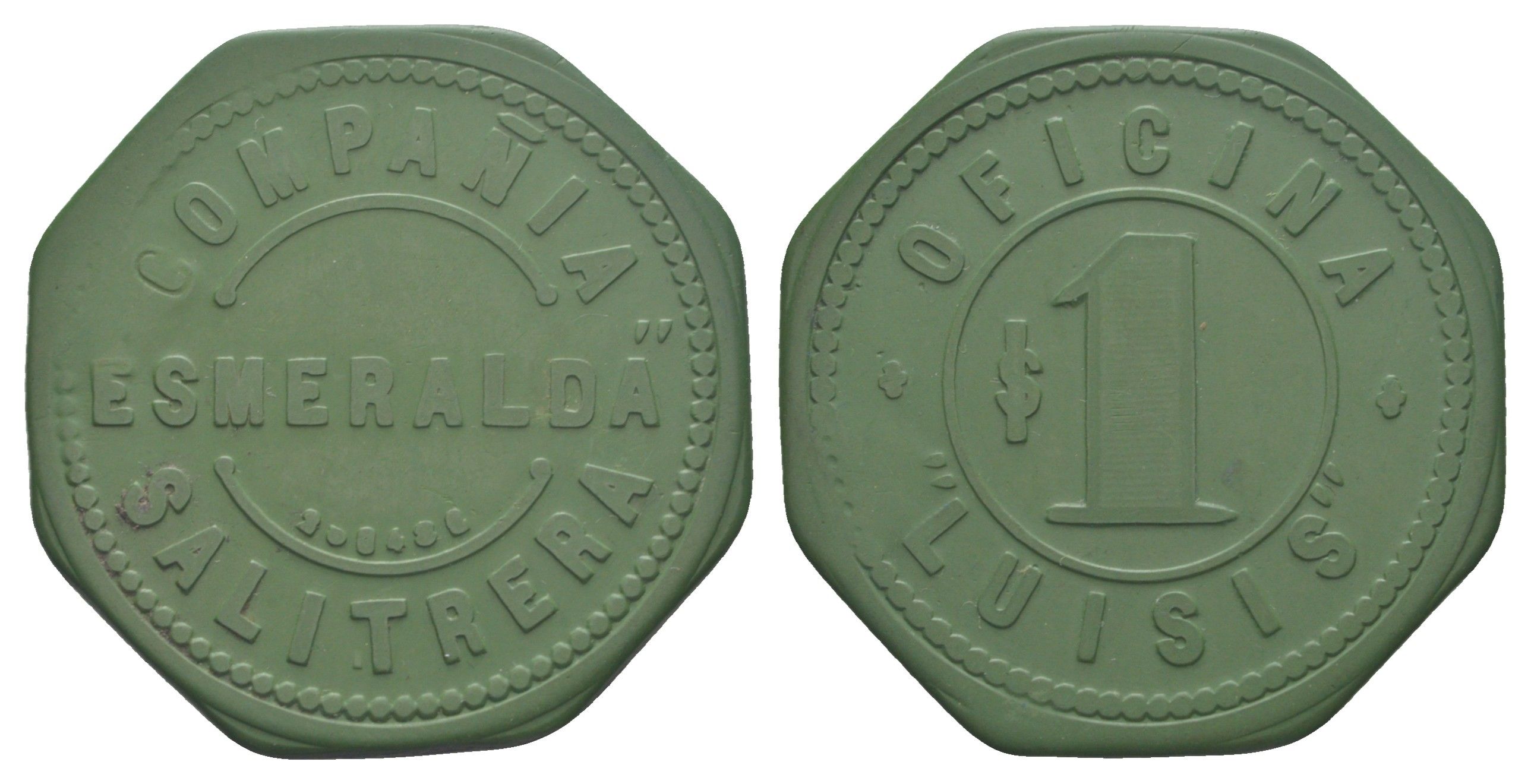 Чили, Луизис (Luisis), Антофагаста шахтерский жетон с Селитряного рудника для покупки в местных магазинах, номиналом в 1 песо около 1905 размер 42x42 мм, вес 4,70 гр Espinosa 189.3 эбонит (зеленый) 1078-1-53