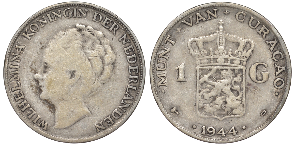 Нидерландское Кюрасао 1 гульден 1944 D, Вильгельмина (1890-1948) KM 45 серебро 36-223