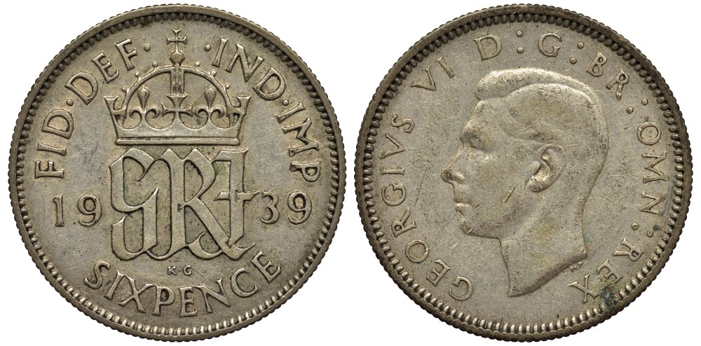 Великобритания 6 пенсов 1939 Георг VI (1936-1952) KM 852, Spink 4084 серебро 4538-426