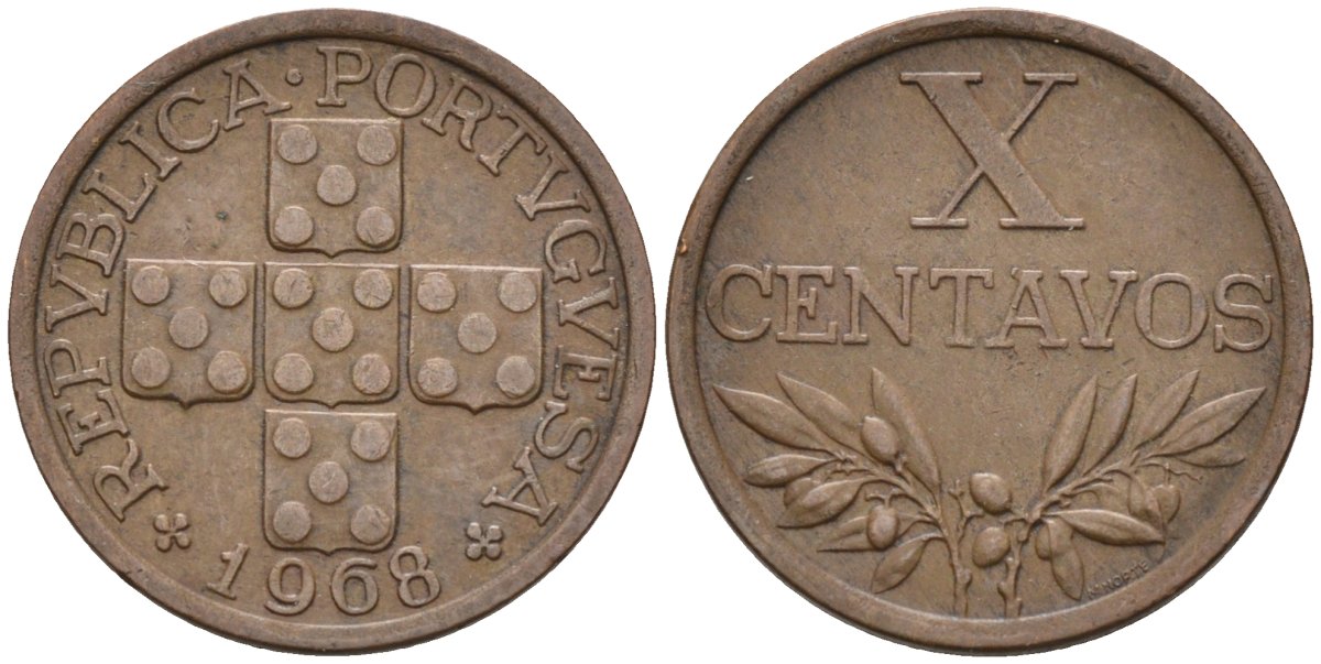 Португалия 10 сентаво 1968 KM 583 бронза 4588-446
