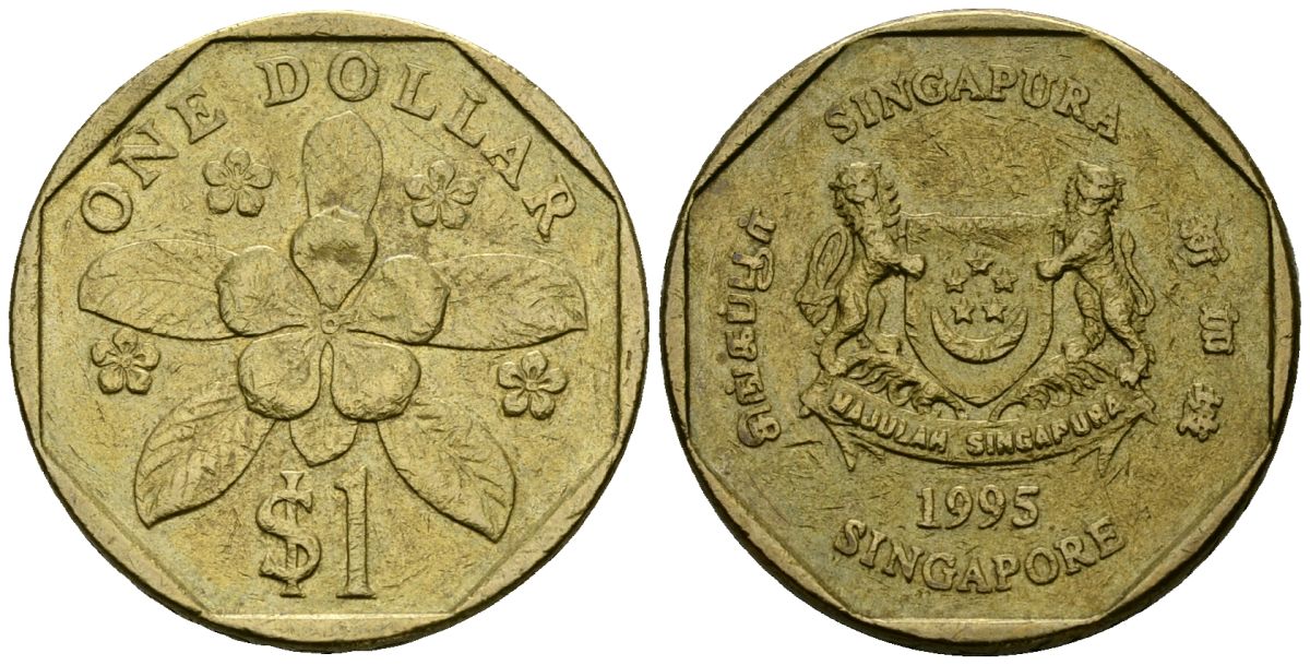Сингапур 1 доллар 1995 барвинок KM 103 алюминиевая бронза 4138-542