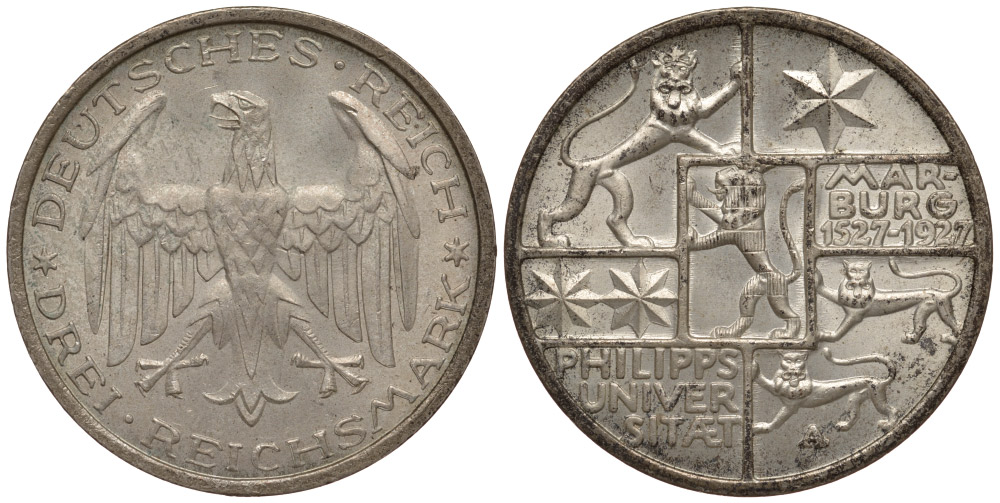 Германия 3 марки 1927 A, 400 лет Университету Марбурга J. 330, KM 53 серебро aUNC 00-806-22