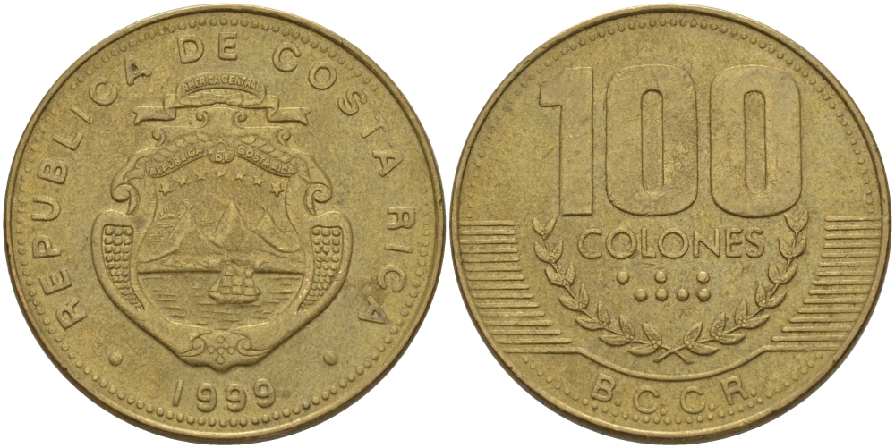 КОСТА-РИКА 100 КОЛОН 1999 со KM 230а.1 латунь 82-246