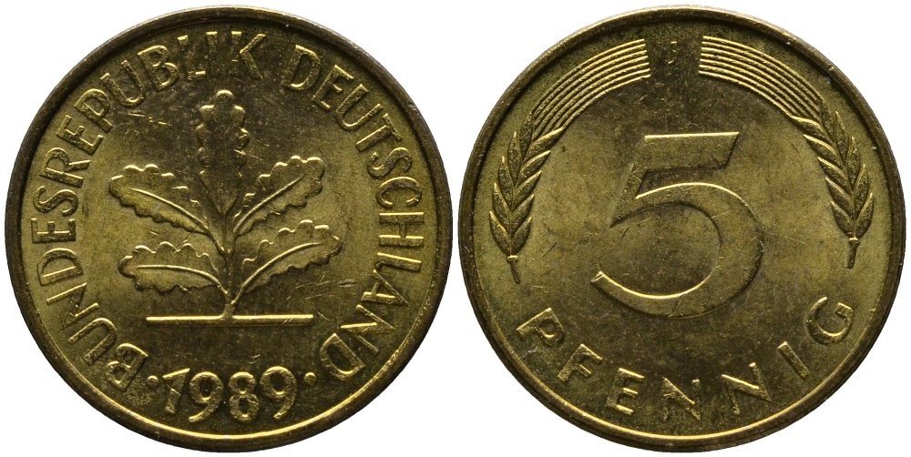 ФРГ 5 ПФЕННИГОВ 1989 J KM 107, J. 382 сталь плакированная латунью 33-222