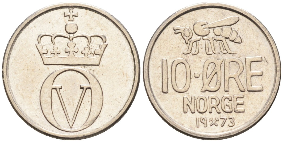 Норвегия 10 эре 1973 пчела, Улаф V (1958-1991) KM 411 медно-никель 4580-968