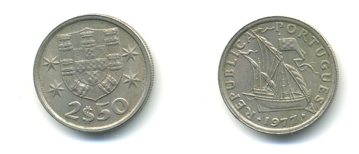 ПОРТУГАЛИЯ 2,5 ЭСКУДО 1977 ПАРУСНИК KM 590 медно-никель 176-131