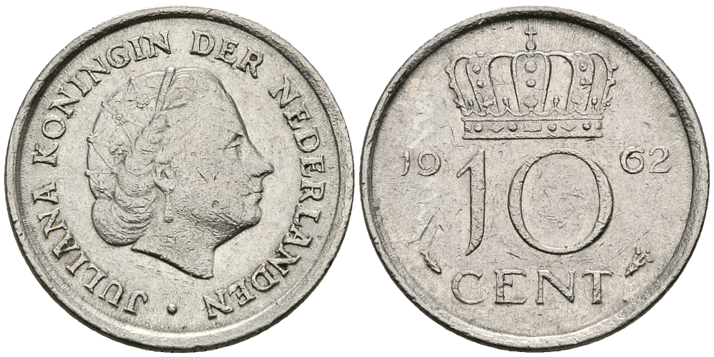 НИДЕРЛАНДЫ 10 ЦЕНТОВ 1962 ЮЛИАНА KM 182 никель 96-339