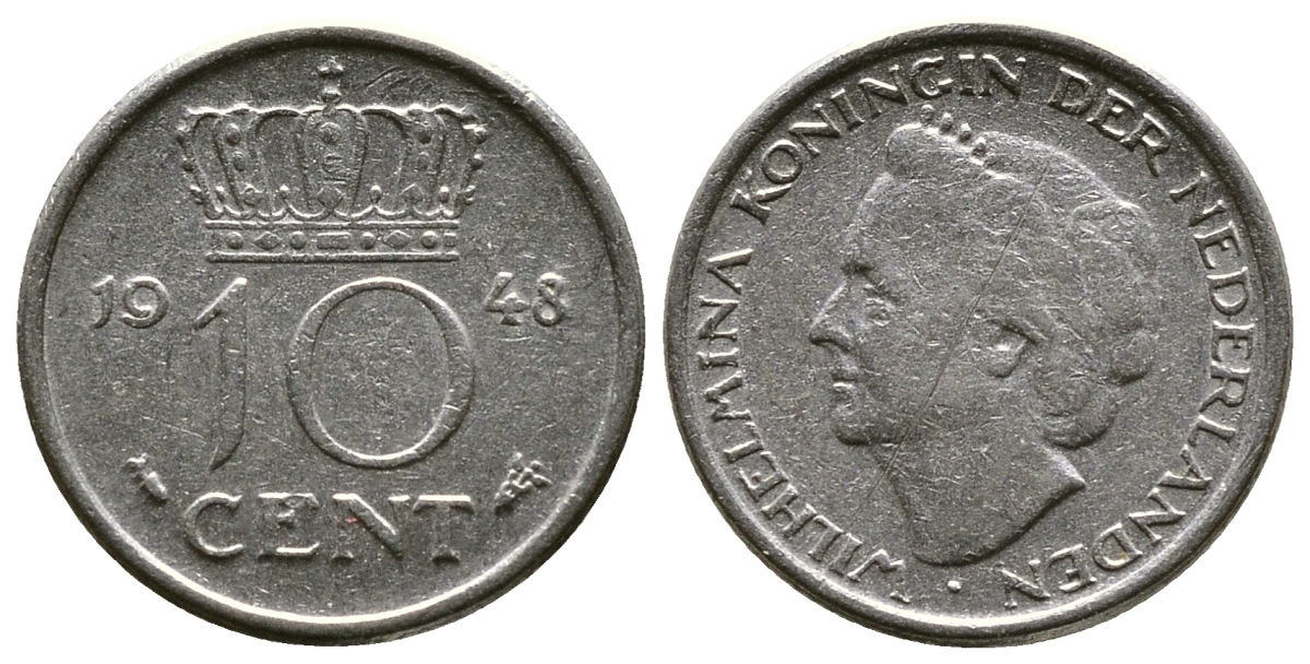 Нидерланды 10 центов 1948 Вильгельмина (1895-1948) KM 177 никель 261-629