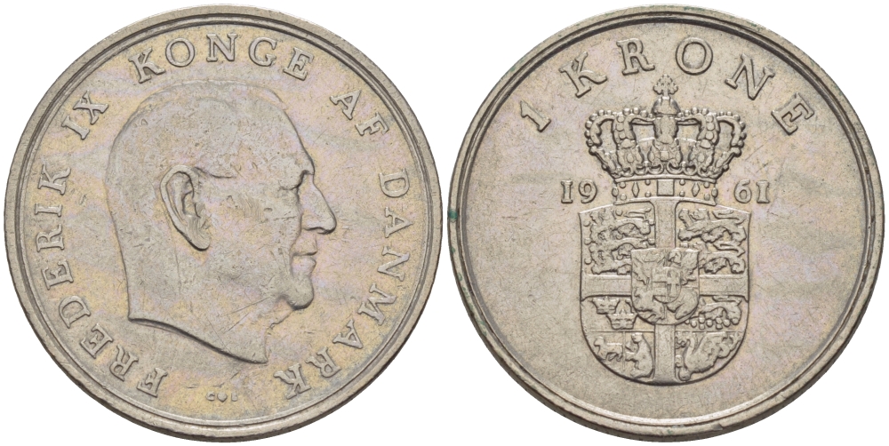 ДАНИЯ 1 КРОНА 1961 C; S, ФРЕДЕРИК IX (1947-1972) KM 851.1 медно-никель 67-556