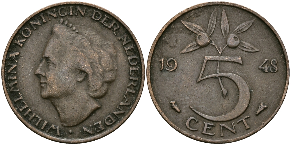 НИДЕРЛАНДЫ 5 ЦЕНТОВ 1948 ВИЛЬГЕЛЬМИНА KM 176 бронза 95-226