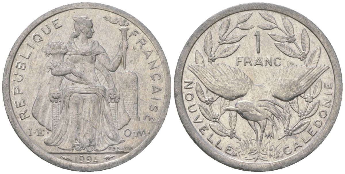 Французская Новая Каледония 1 франк 1994 птица кагу, (IEOM) KM 10, Schoen 10, Lec 52 алюминий 37-1235