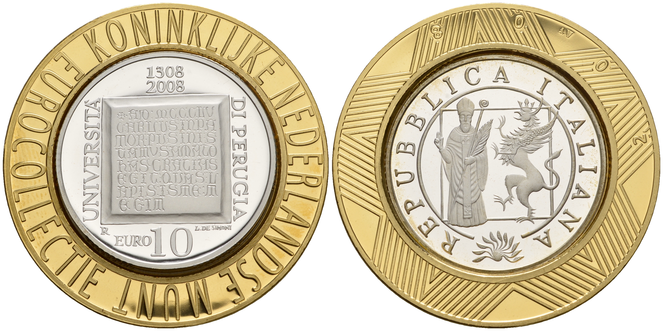Италия 10 евро 2008 700 лет Университету Перуджиа, коллекция Нидерландского монетного двора KM 306 серебро PROOF 11-060-13