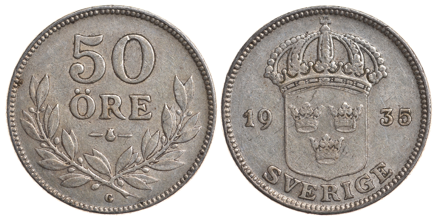 Швеция 50 эре 1935 G, Густав V (1907-1950) KM 788 серебро 4179-944