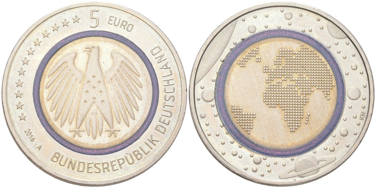 Германия 5 евро 2016 A, Планета Земля KM 348 триметалл BU 1529-315