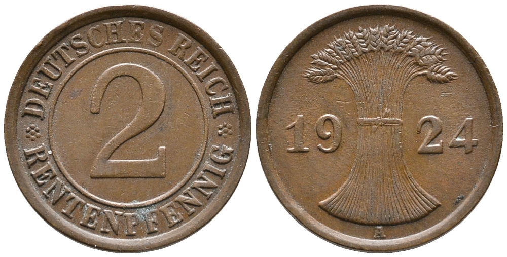 ГЕРМАНИЯ 2 РЕНТЕНПФЕННИГА 1924 A KM 31, J. 307 бронза 24-551