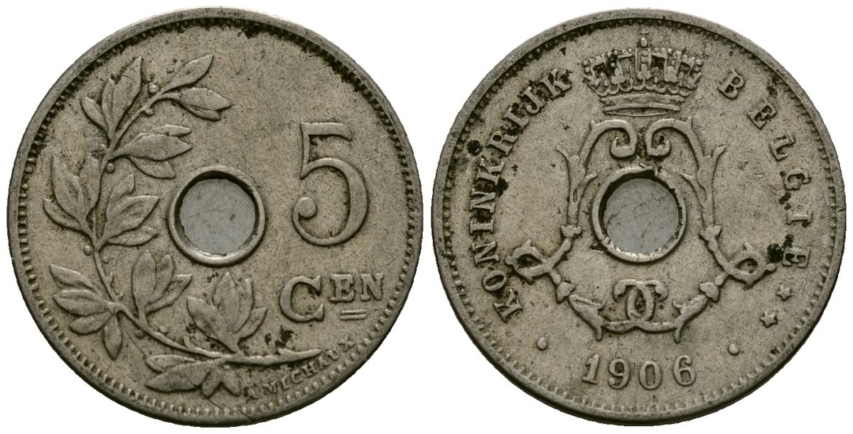 Бельгия 5 сантимов 1906 Belgie, Леопольд II (1865-1909) KM 55 медно-никель 4173-149