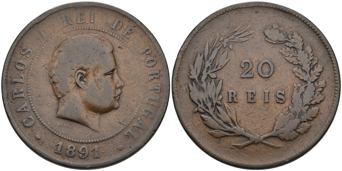Португалия 20 рейсов 1891 Карлуш I (1889-1908) KM 533 бронза 4572-516