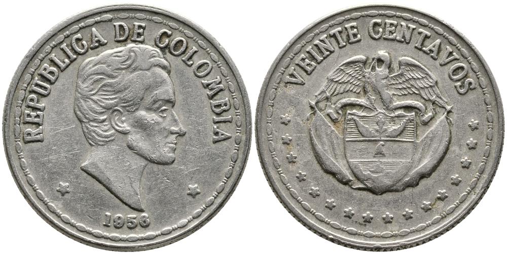 КОЛУМБИЯ 20 СЕНТАВО 1956 СИМОН БОЛИВАР KM 215.1 медно-никель 3336-612