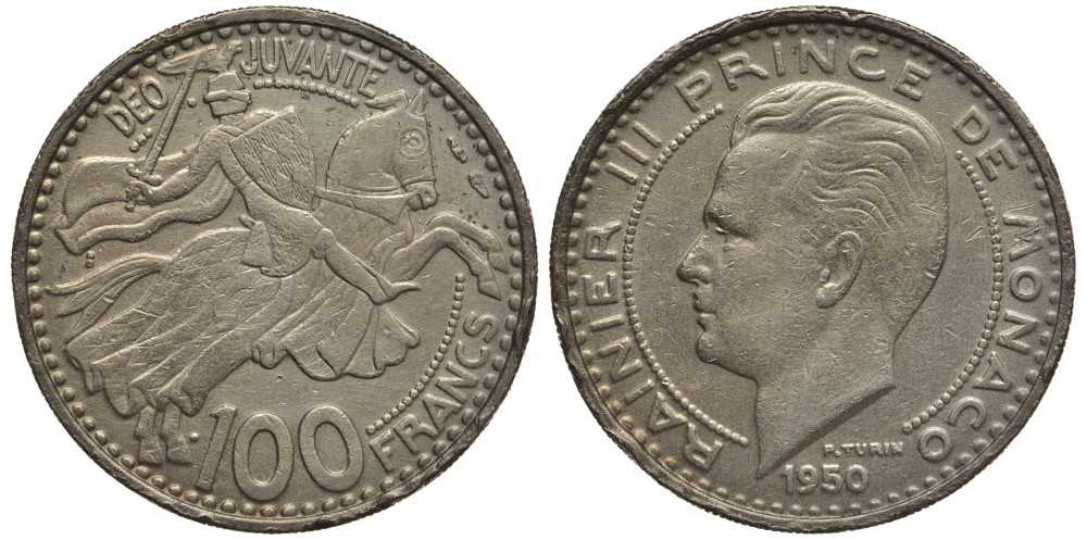 Монако 100 франков 1950 Ренье III (1949-2005) KM 133 медно-никель 114-516