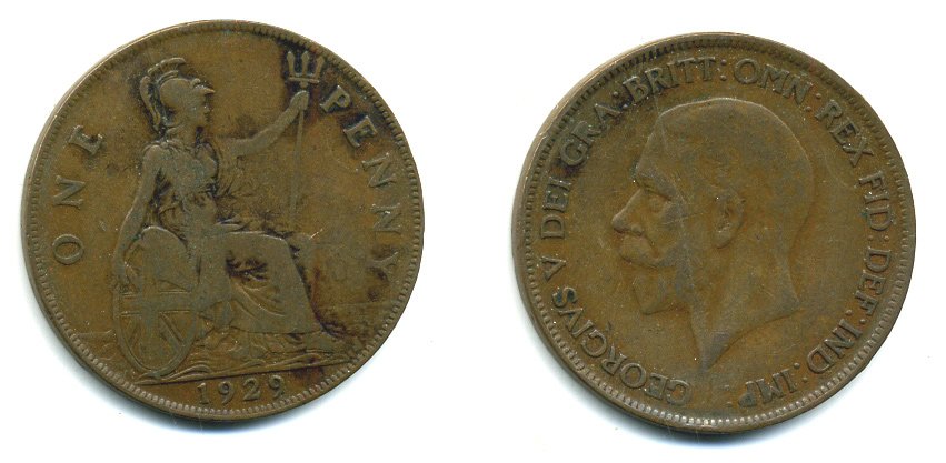 Великобритания 1 пенни 1929 Георг V (1910-1936) KM 838, Spink 4055 бронза 41-951