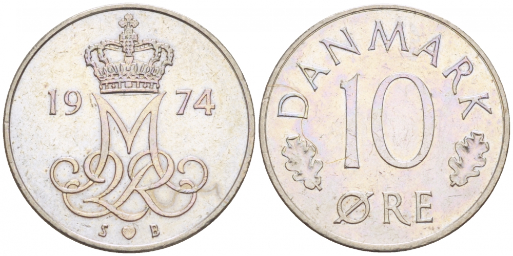 ДАНИЯ 10 ЭРЕ 1974 S; B, МАРГРЕТЕ II (1972-) KM 860.1 медно-никель 3996-1061