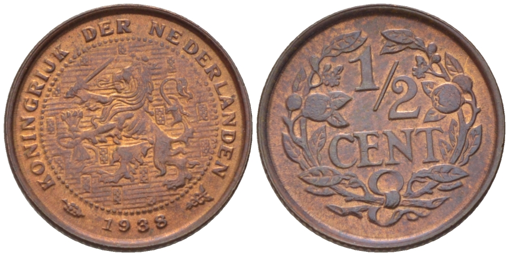НИДЕРЛАНДЫ 1/2 ЦЕНТА 1938 ВИЛЬГЕЛЬМИНА (1890-1948) KM 138 бронза 39-235