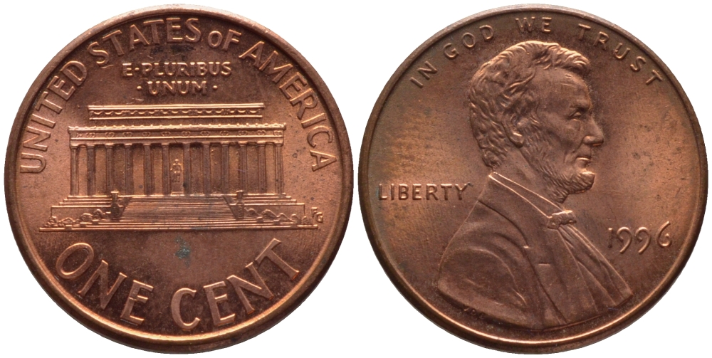 США 1 ЦЕНТ 1996 ЛИНКОЛЬН KM 201b цинк плакированный медью 66-1069