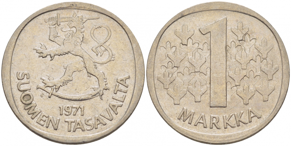 ФИНЛЯНДИЯ 1 МАРКА 1971 S KM 49а медно-никель 3718-714