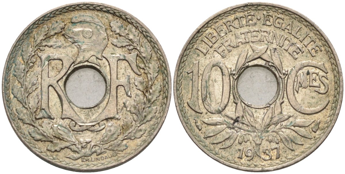 Франция 10 сантимов 1937 KM 866а, Le Franc 138.24 медно-никель 4591-1047