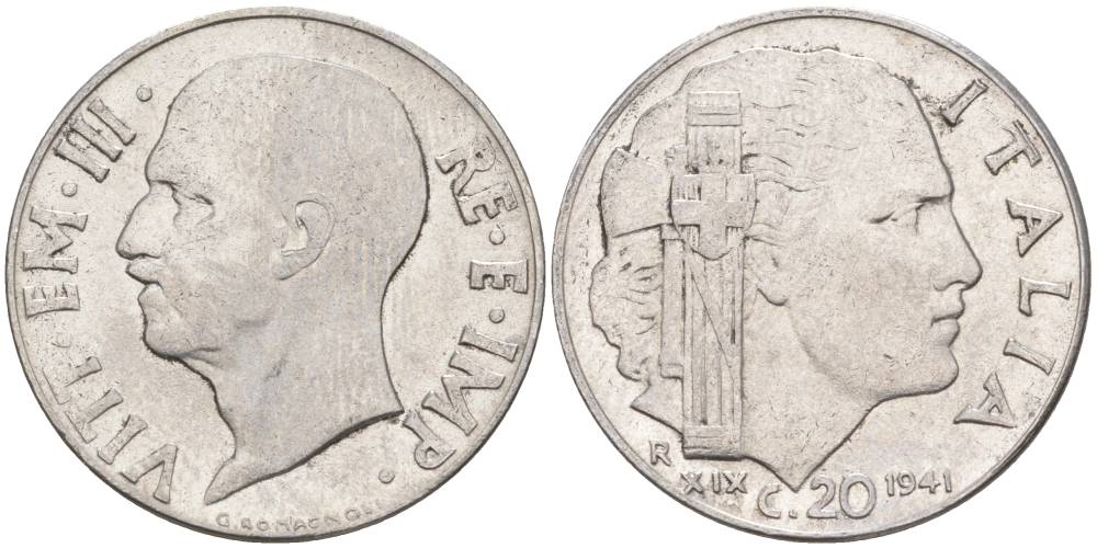 ИТАЛИЯ 20 ЧЕНТЕЗИМО 1941 R, ГОД XIX, ВИКТОР ЭММАНУИЛ III (1900-1946) KM 75b, VEM3. 1028 нержавеющая сталь 3853-1151