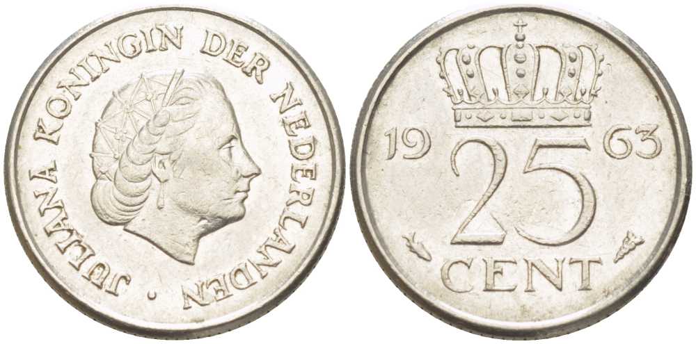 НИДЕРЛАНДЫ 25 ЦЕНТОВ 1963 ЮЛИАНА (1948-1980) KM 183 никель 214-937
