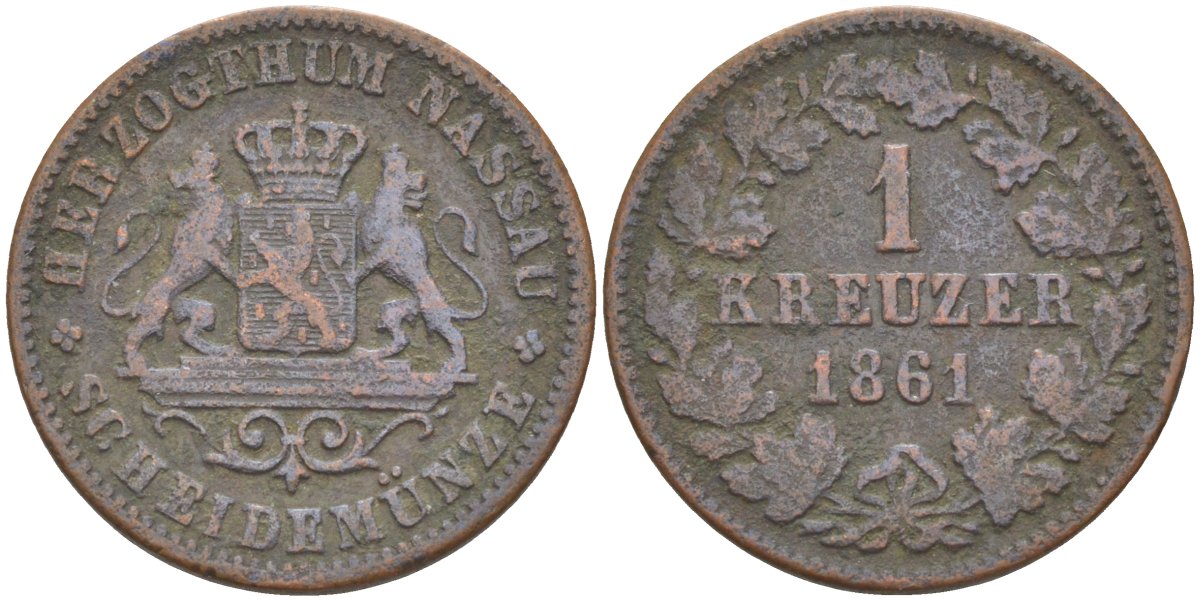 Нассау 1 крейцер 1861 KM 54, Kahnt/Sch?n 70, Jaeger 58, AKS 72 бронза 4388-425