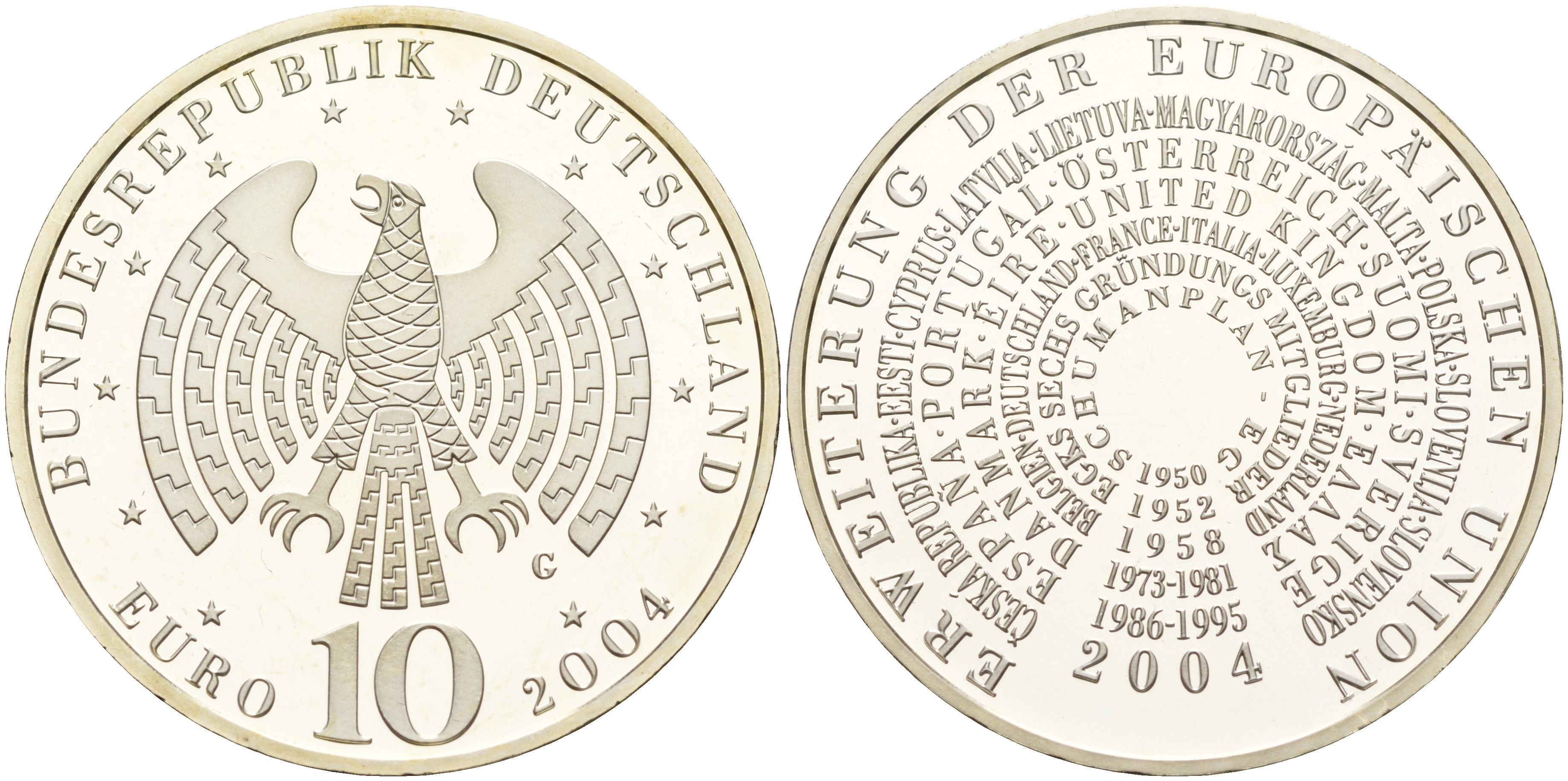 ФРГ 10 евро 2004 G, расширение Евросоюза KM 231, DE.S 10.14 серебро PROOF 06-266-22