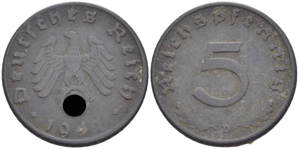 ГЕРМАНИЯ 5 РЕЙХСПФЕННИГОВ 1941 D KM 100, J. 370 цинк 105-251