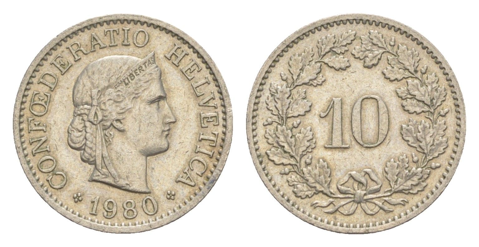 Швейцария 10 раппенов 1980 KM 27 медно-никель 4625-714