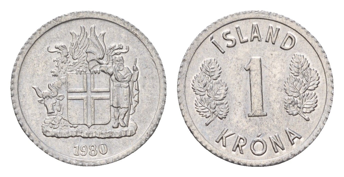Исландия 1 крона 1980 KM 23 алюминий UNC 4687-827