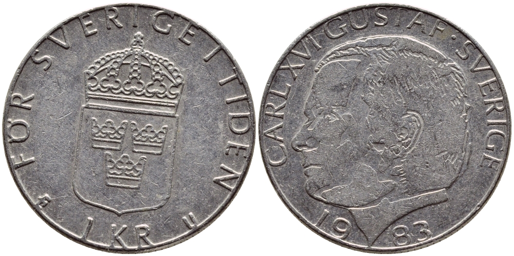 Швеция 1 крона 1983 Карл XVI Густав (1973- ) KM 852a медно-никель 4397-1056
