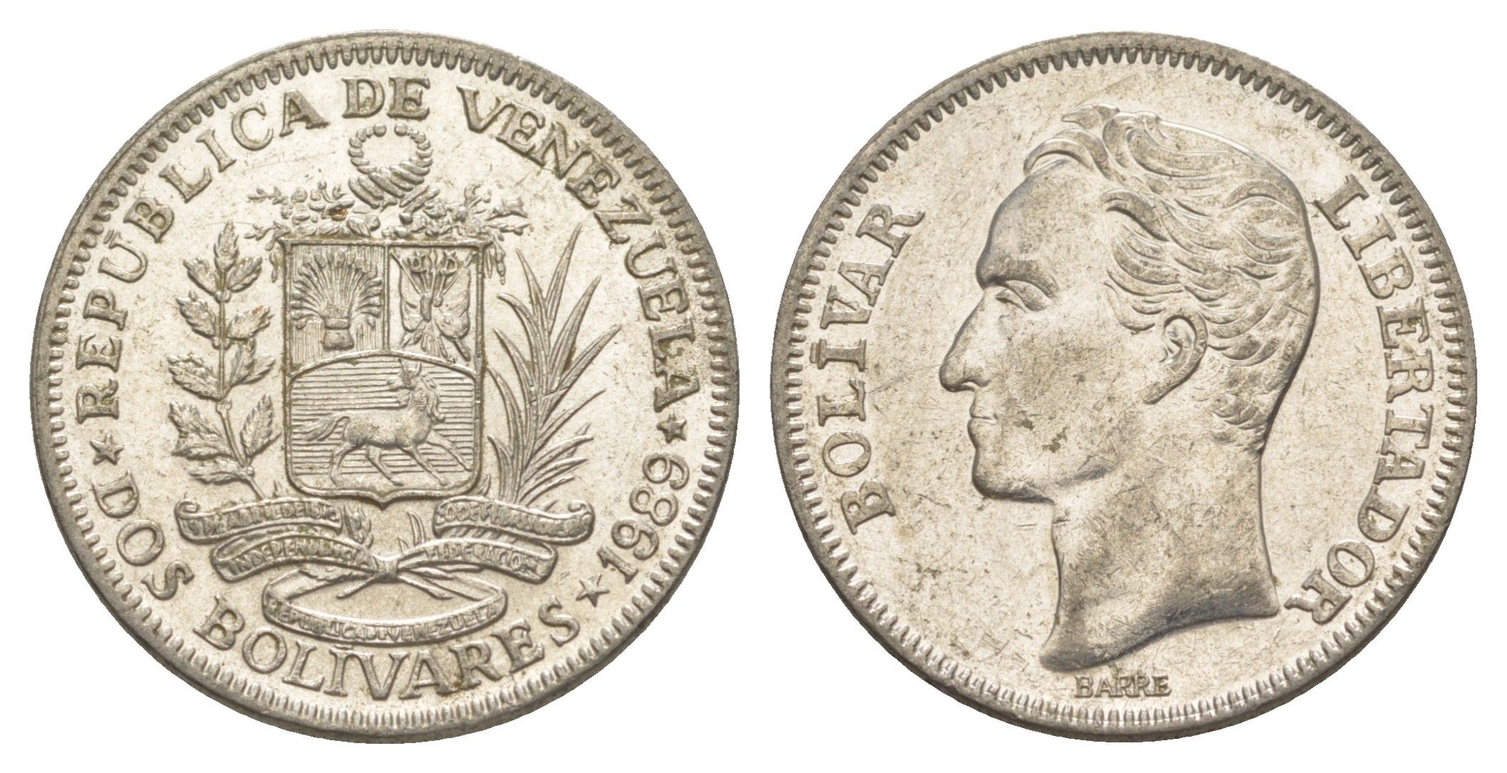 Венесуэла 2 боливара 1989 Симон Боливар Y 43a сталь плакированная никелем 4590-634