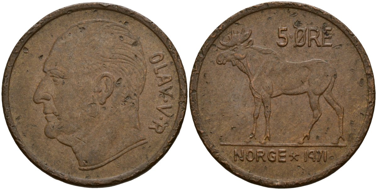 Норвегия 5 эре 1971 Улаф V (1958 - 1991) KM 405 бронза 4156-255
