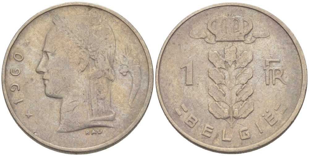 Бельгия 1 франк 1960 Belgie, Бодуэн I (1951-1993) KM 143.1 медно-никель 202-1013
