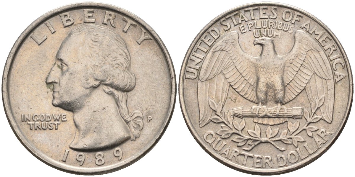 США 25 центов = квотер 1989 P, Вашингтон KM A164a медь плакированная медно-никелем 4584-1247
