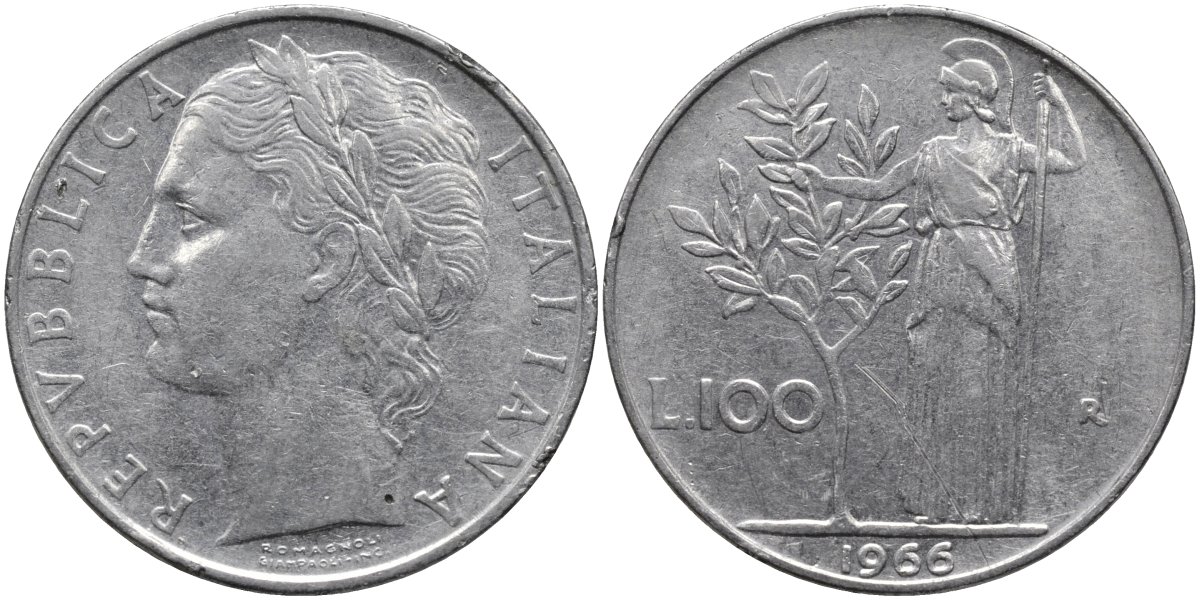 Италия 100 лир 1966 R, Афина в доспехах KM 96.1 нержавеющая сталь 4165-212