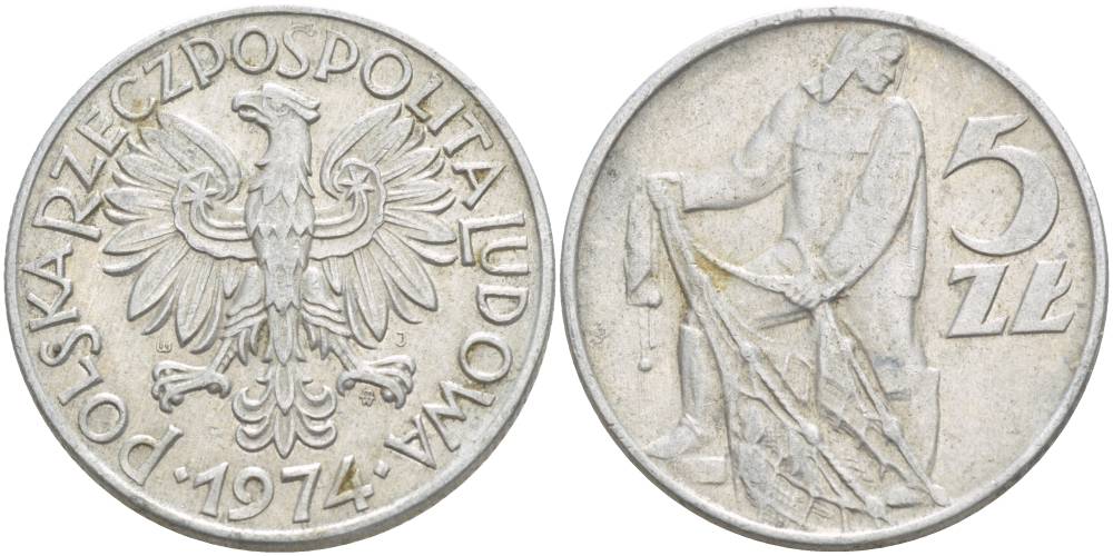 Польша 5 злотых 1974 MW, рыбак KM 47, Parchimowicz 220f алюминий 4542-1014