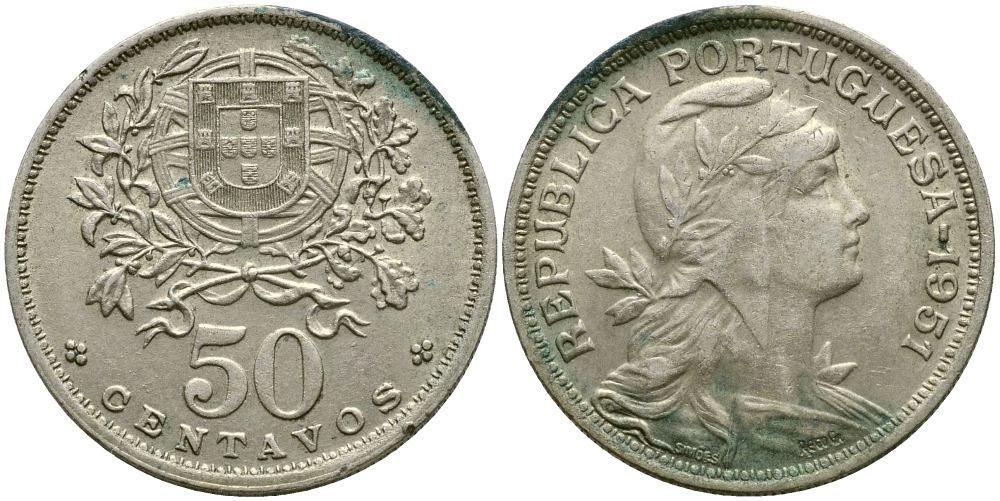 Португалия 50 сентаво 1951 KM 577 медно-никель 4388-641