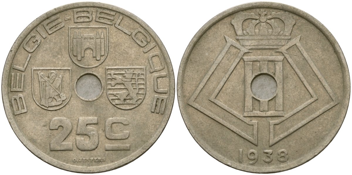 Бельгия 25 сантимов 1938 BELGI? - BELGIQUE KM 115 никель латунь 4137-621