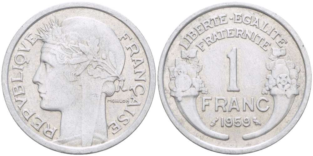ФРАНЦИЯ 1 ФРАНК 1959 ТИП MORLON, LEGERE KM 885a.1, LE FRANC 221.23 алюминий 4519-834