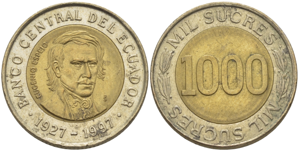 ЭКВАДОР 1000 СУКРЕ 1997 ЭУХЕНИО ЭСПЕХО, 70 ЛЕТ ЦЕНТРАЛЬНОМУ БАНКУ KM 103 биметалл 31-451
