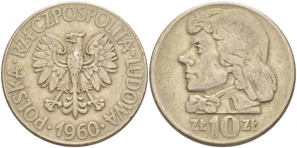 ПОЛЬША 10 ЗЛОТЫХ 1960 КОСТЮШКО KM 50 медно-никель 4403-535