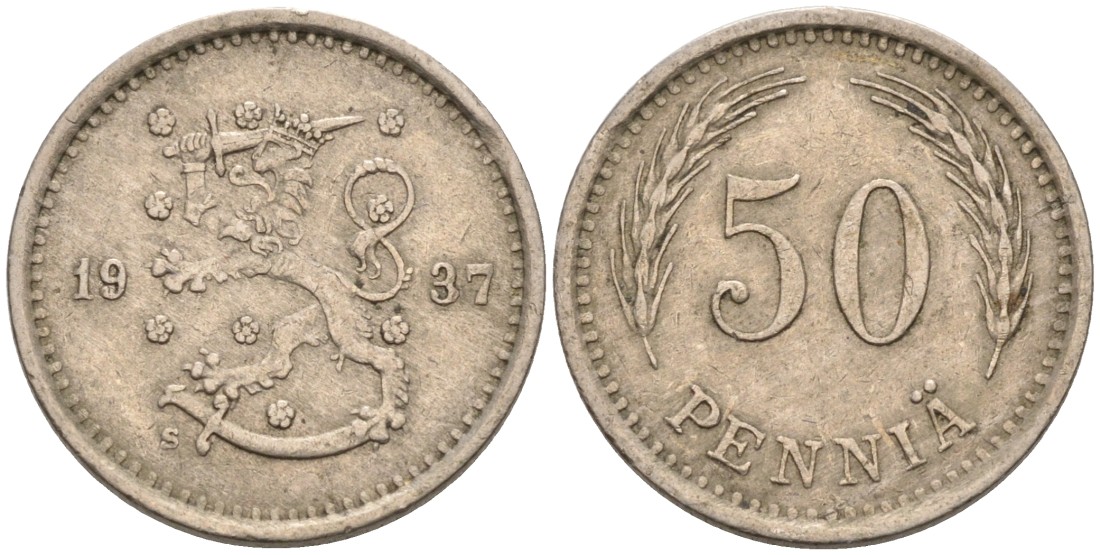 ФИНЛЯНДИЯ 50 ПЕННИ 1937 S KM 26 медно-никель 192-1117